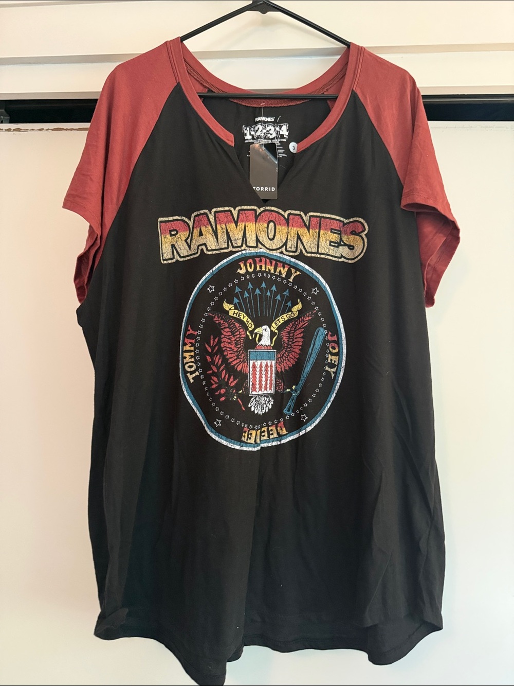 torrid Black Tee with Burgundy Raglan Sleeves Ramones Graphic